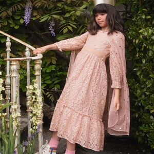 NWOT $94 Mini Boden Girls princess Lace Dress Provence Pink Gold 6-7